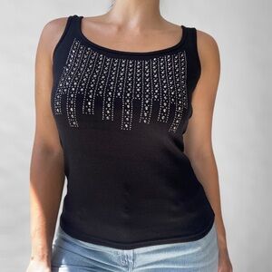 Tonia Debellis Black Ribbed Tank Top with Gold & Silver Rhinestones - Size S